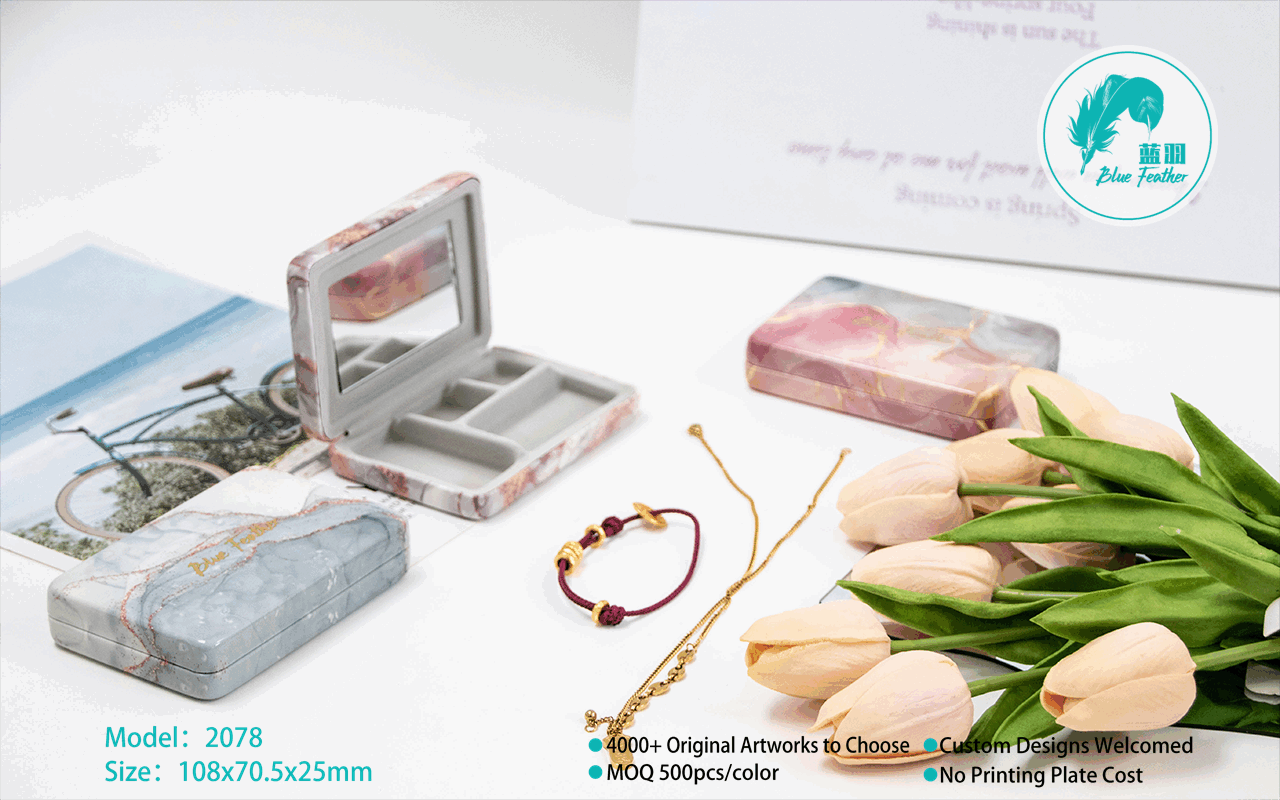Modern Marble Print Hard Shell Jewelry Organizer Box with Mirror for Necklaces Rings